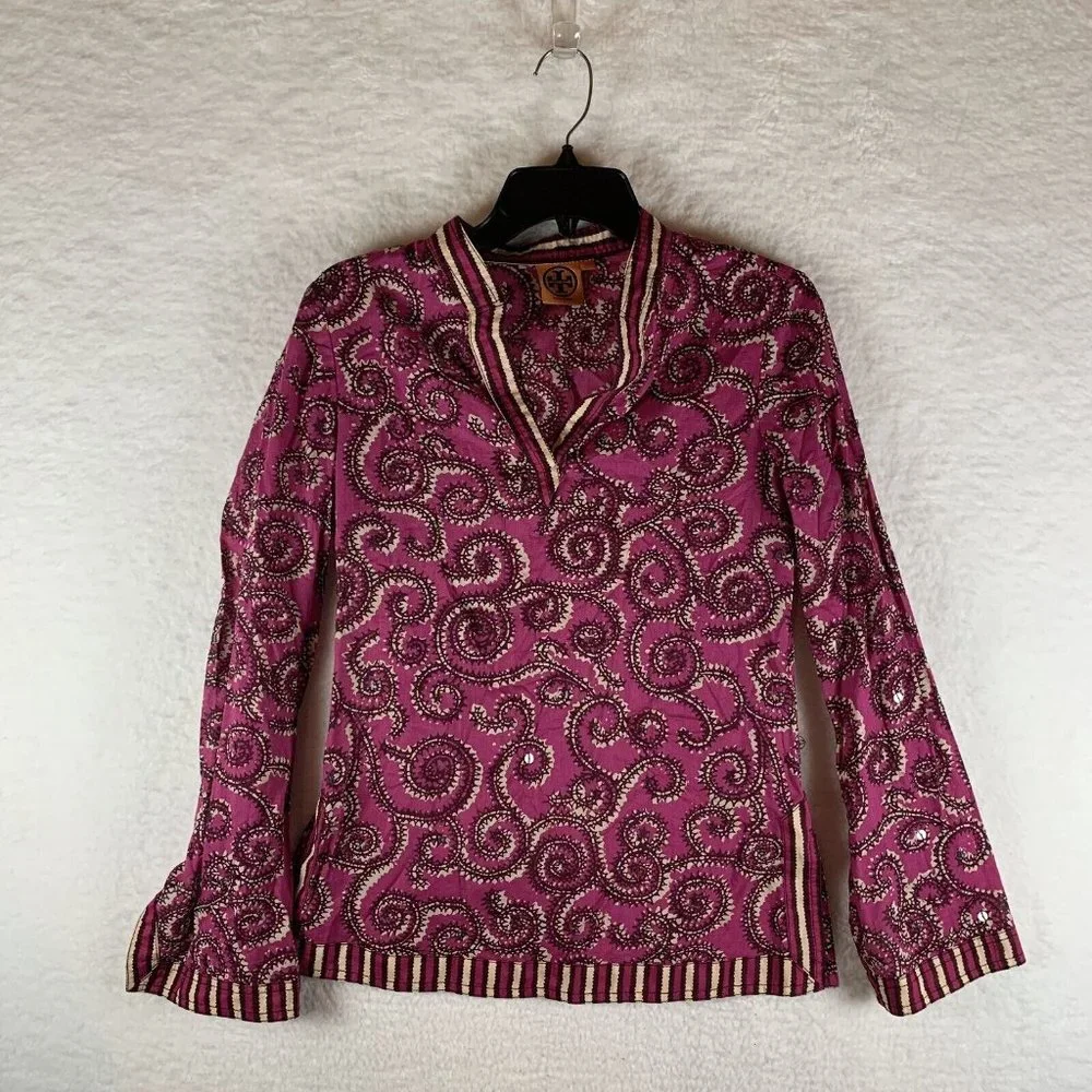 Tory Burch Blouse Women's Size 4 Magenta Cotton Paisley V-Neck Long Sleeve 6570‎